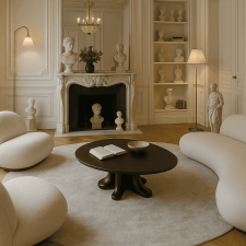 contemporary-living-room-with-sculptures-and-fireplace